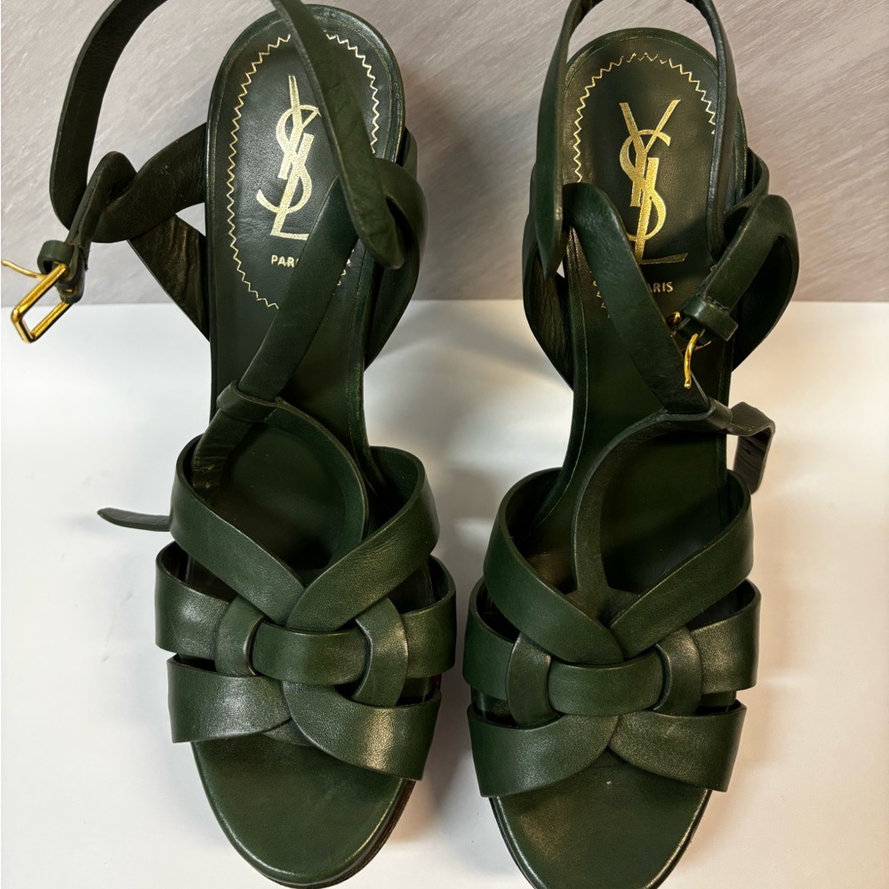 Yves Saint Laurent Olive Green Leather Sandals